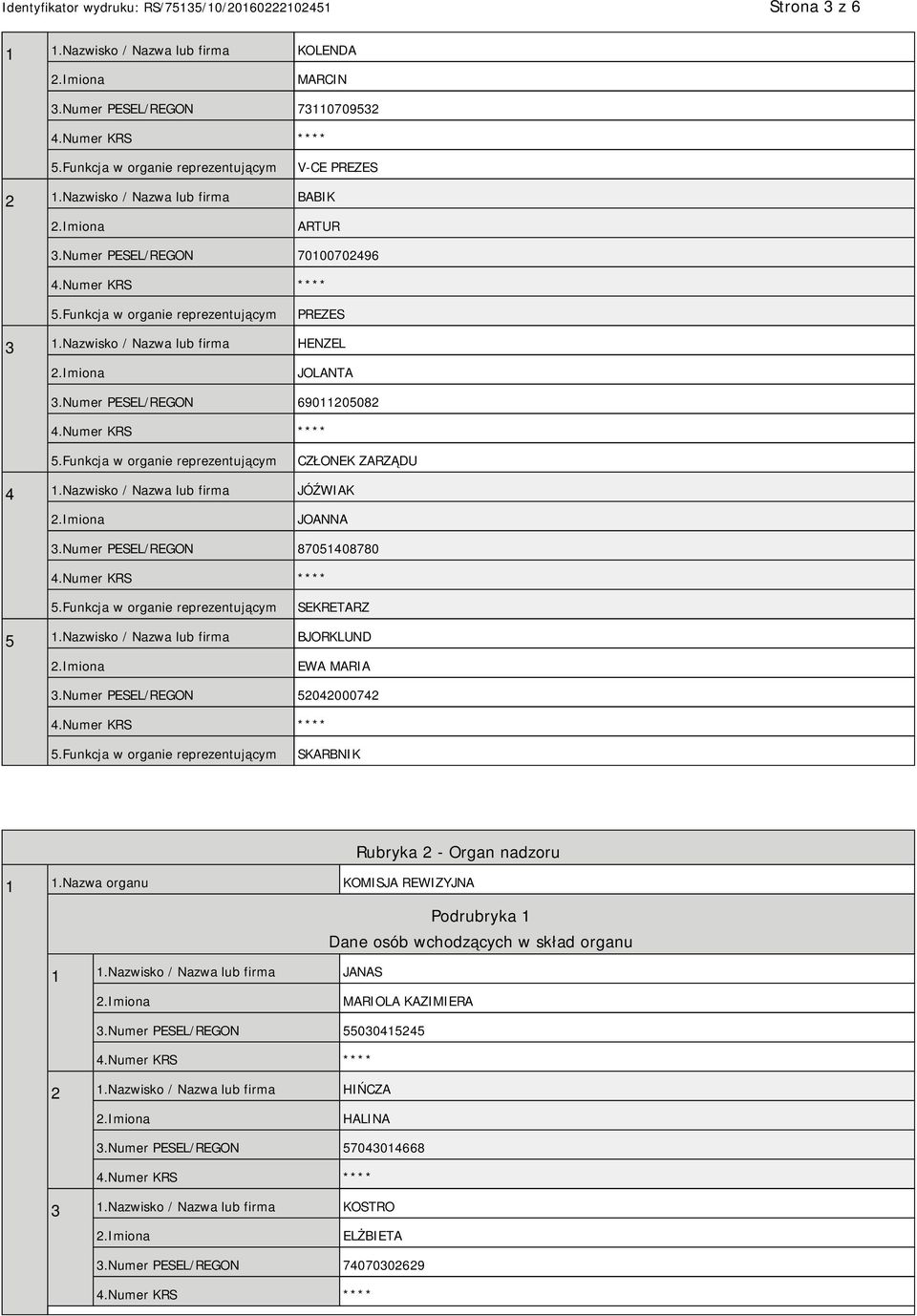 Nazwisko / Nazwa lub firma BJORKLUND EWA MARIA 3.Numer PESEL/REGON 52042000742 SKARBNIK Rubryka 2 - Organ nadzoru 1 1.