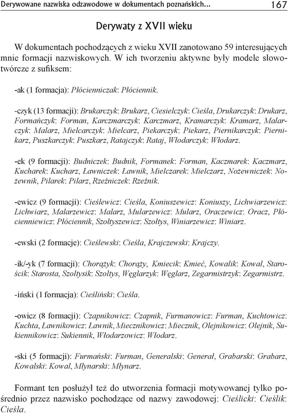 -czyk (13 formacji): Brukarczyk: Brukarz, Ciesielczyk: Cieśla, Drukarczyk: Drukarz, Formańczyk: Forman, Karczmarczyk: Karczmarz, Kramarczyk: Kramarz, Malarczyk: Malarz, Mielcarczyk: Mielcarz,