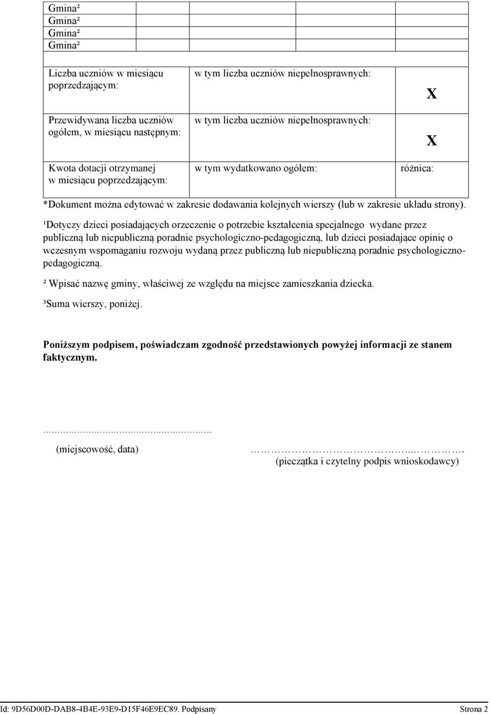 ¹Dotyczy dzieci posiadających orzeczenie o potrzebie kształcenia specjalnego wydane przez publiczną lub niepubliczną poradnie psychologiczno-pedagogiczną, lub dzieci posiadające opinię o wczesnym