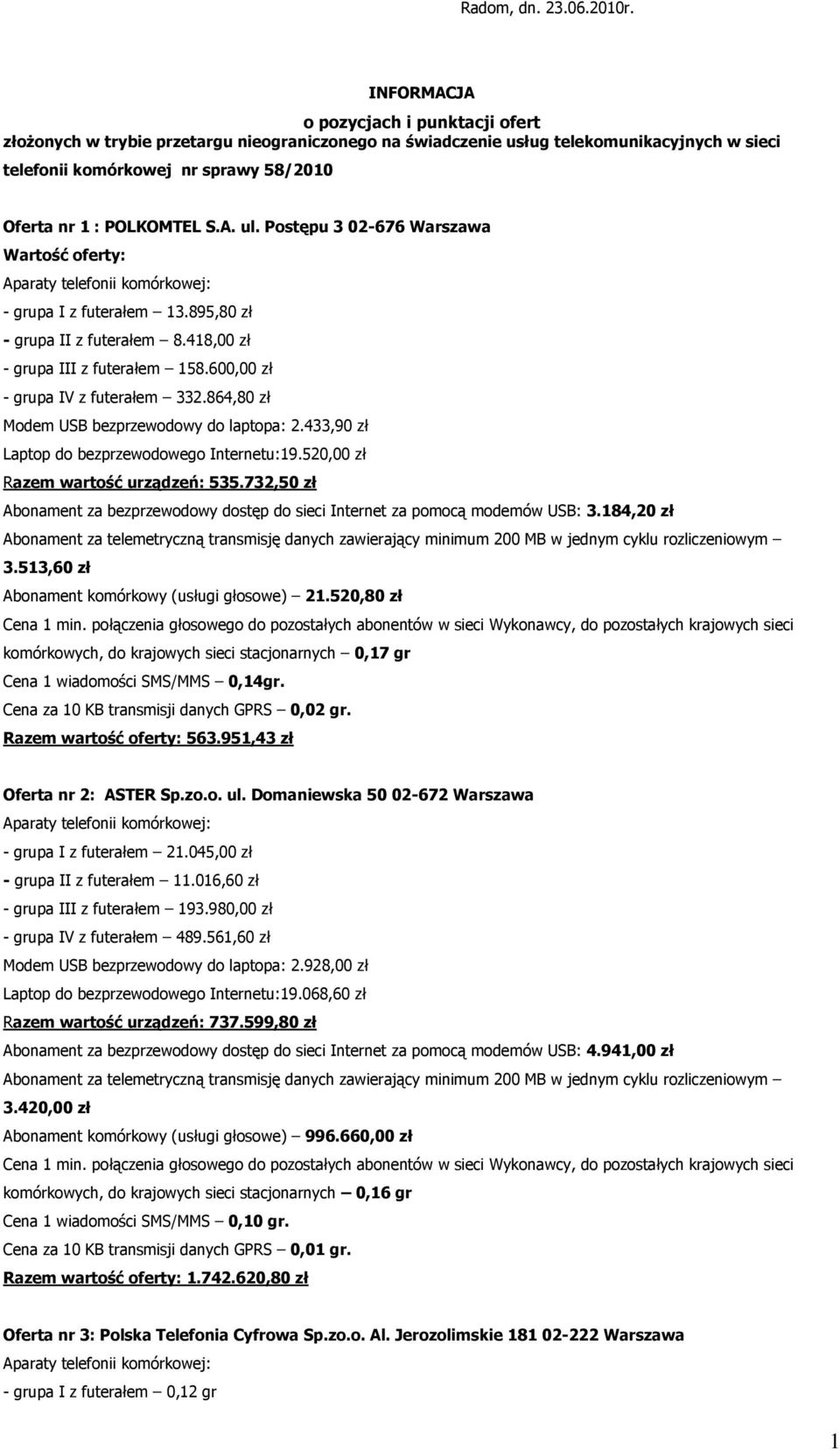 S.A. ul. Postępu 3 02-676 Warszawa Wartość oferty: - grupa I z futerałem 13.895,80 zł - grupa II z futerałem 8.418,00 zł - grupa III z futerałem 158.600,00 zł - grupa IV z futerałem 332.