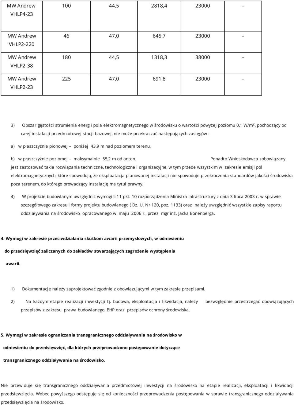 nad poziomem terenu, b) w płaszczyźnie poziomej maksymalnie 55,2 m od anten.