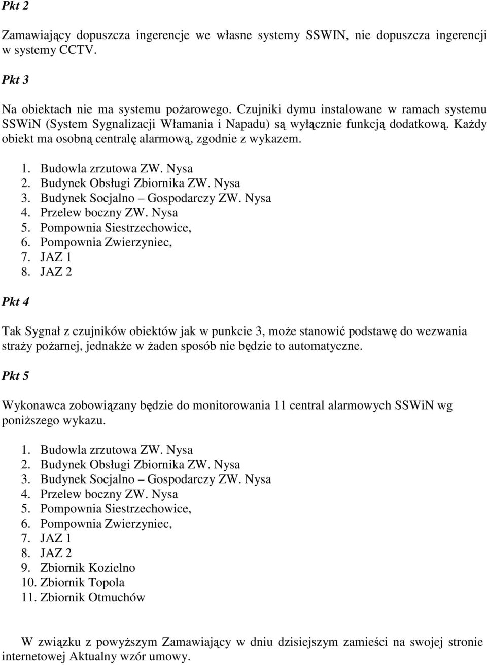 Budowla zrzutowa ZW. Nysa 2. Budynek Obsługi Zbiornika ZW. Nysa 3. Budynek Socjalno Gospodarczy ZW. Nysa 4. Przelew boczny ZW. Nysa 5. Pompownia Siestrzechowice, 6. Pompownia Zwierzyniec, 7. JAZ 1 8.