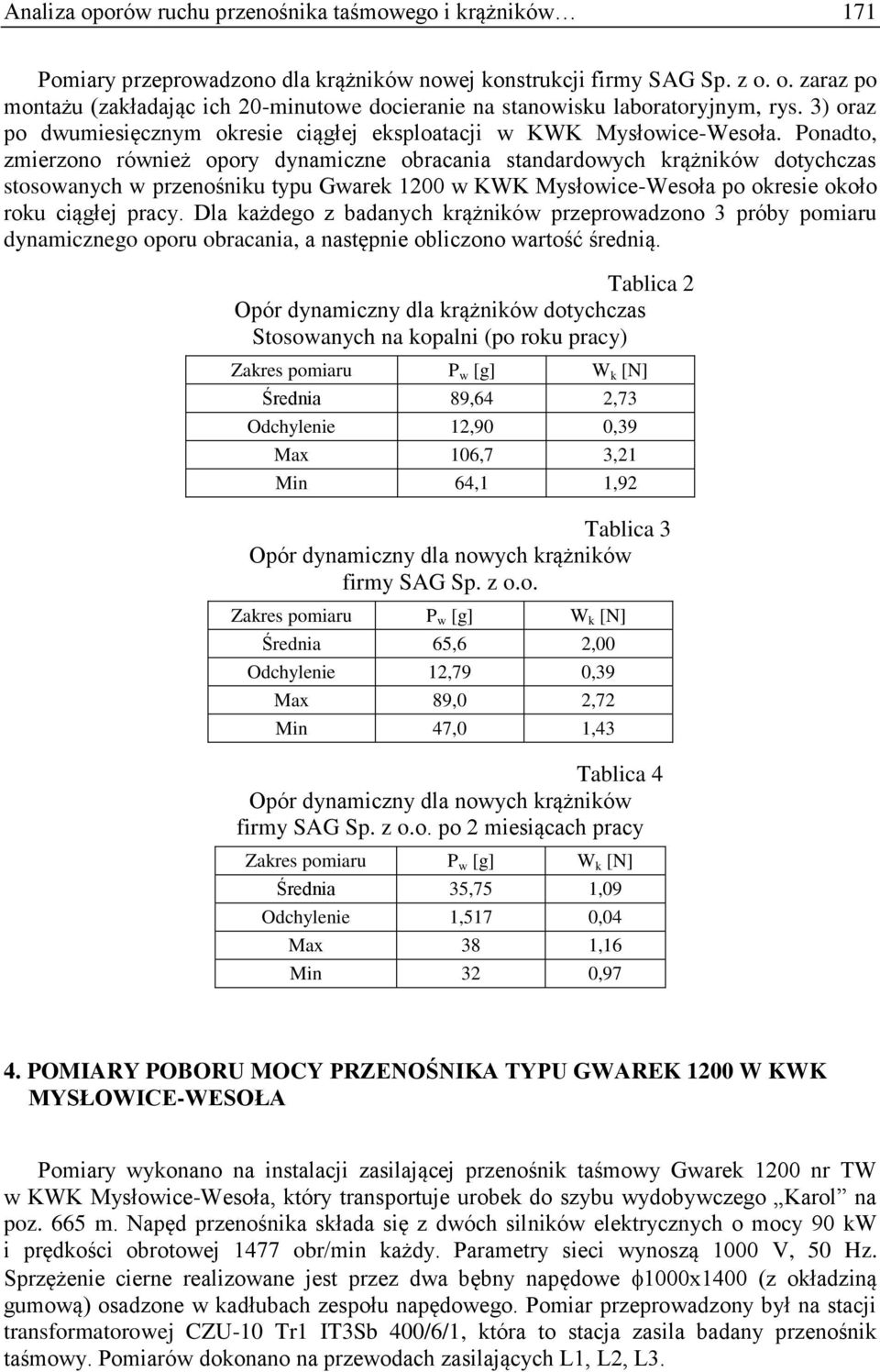 Ponadto, zmierzono również opory dynamiczne obracania standardowych rążniów dotychczas stosowanych w przenośniu typu Gware 1200 w KWK Mysłowice-Wesoła po oresie ooło rou ciągłej pracy.