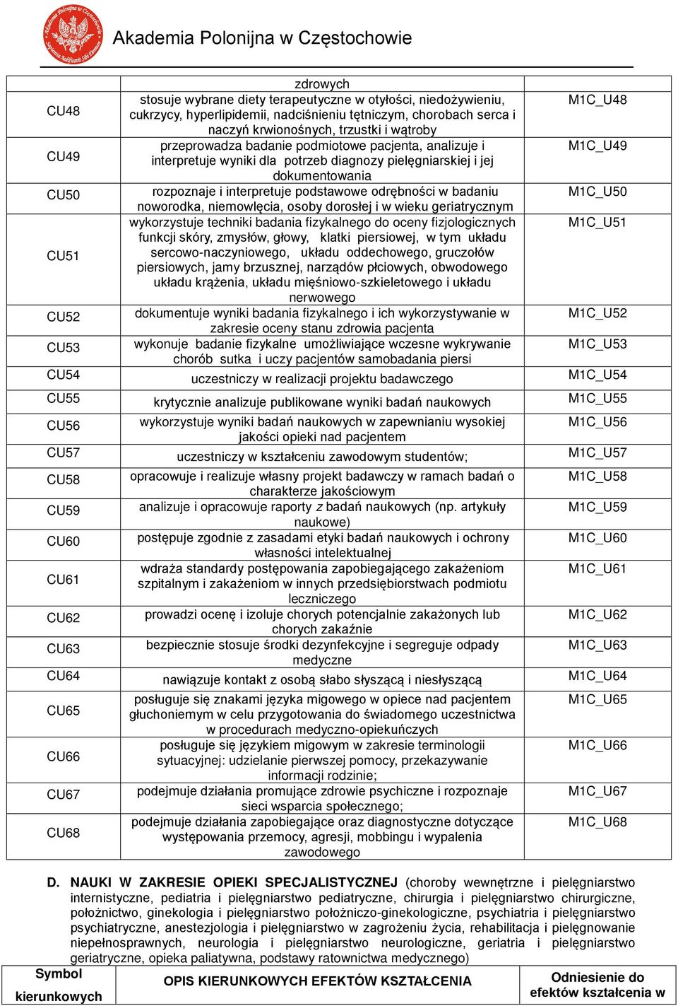 badaniu M1C_U50 noworodka, niemowlęcia, osoby dorosłej i w wieku geriatrycznym wykorzystuje techniki badania fizykalnego do oceny fizjologicznych M1C_U51 funkcji skóry, zmysłów, głowy, klatki