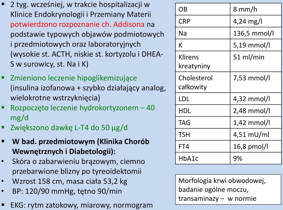 Na i K) Zmieniono leczenie hipoglikemizujące (insulina izofanowa + szybko działający analog, wielokrotne wstrzyknięcia) Rozpoczęto leczenie hydrokortyzonem 40 mg/d Zwiększono dawkę L-T4 do 50 μg/d W