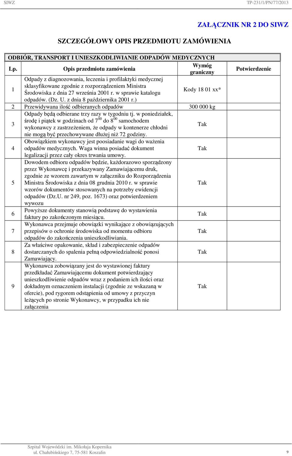 w sprawie katalogu Kody 18 01 xx* odpadów. (Dz. U. z dnia 8 października 2001 r.) 2 Przewidywana ilość odbieranych odpadów 300 000 kg Odpady będą odbierane trzy razy w tygodniu tj.