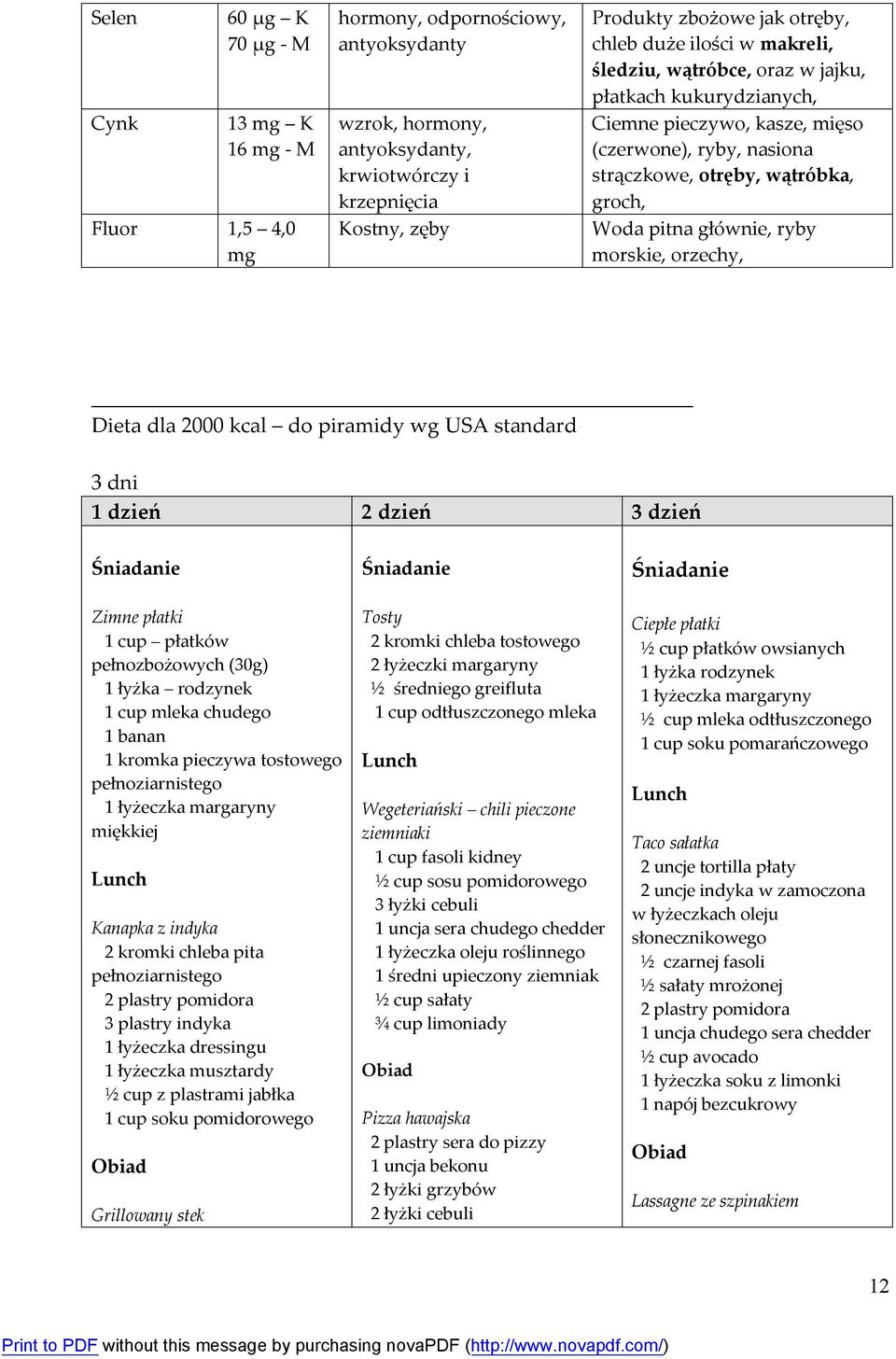 głównie, ryby morskie, orzechy, Dieta dla 2000 kcal do piramidy wg USA standard 3 dni 1 dzień 2 dzień 3 dzień Śniadanie Zimne płatki 1 cup płatków pełnozbożowych (30g) 1 łyżka rodzynek 1 cup mleka