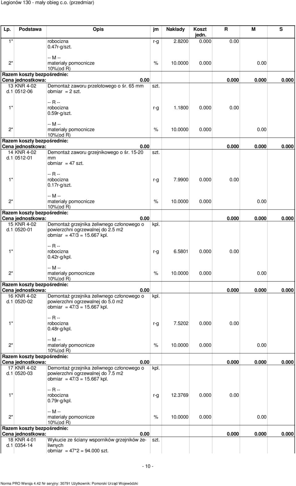 d.1 0520-01 Deontaż grzejnika żeliwnego członowego o powierzchni ogrzewalnej do 2.5 2 obiar = 47/3 = 15.667 kpl. 0.42r-g/kpl. r-g 6.5801 0.000 0.00 2* ateriały poocnicze 16 KNR 4-02 kpl. d.1 0520-02 Deontaż grzejnika żeliwnego członowego o powierzchni ogrzewalnej do 5.