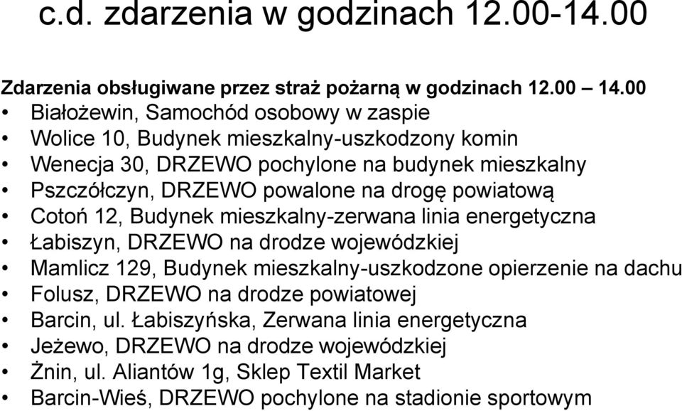 na drogę powiatową Cotoń 12, Budynek mieszkalny-zerwana linia energetyczna Łabiszyn, DRZEWO na drodze wojewódzkiej Mamlicz 129, Budynek mieszkalny-uszkodzone