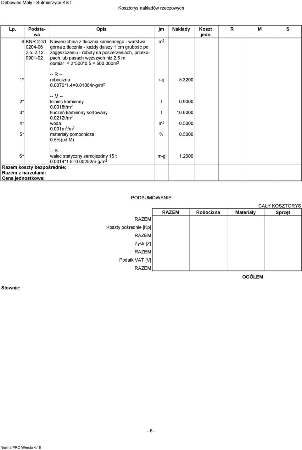 5 = 500.000 0.0076*1.4=0.01064r-g/ r-g 5.3200 t 0.9000 t 10.6000 m 3 0.5000 2* kliniec kamienny 0.0018t/ 3* tłuczeń kamienny sortowany 0.0212t/ 4* woda 0.001m 3 / 5* materiały pomocnicze 0.
