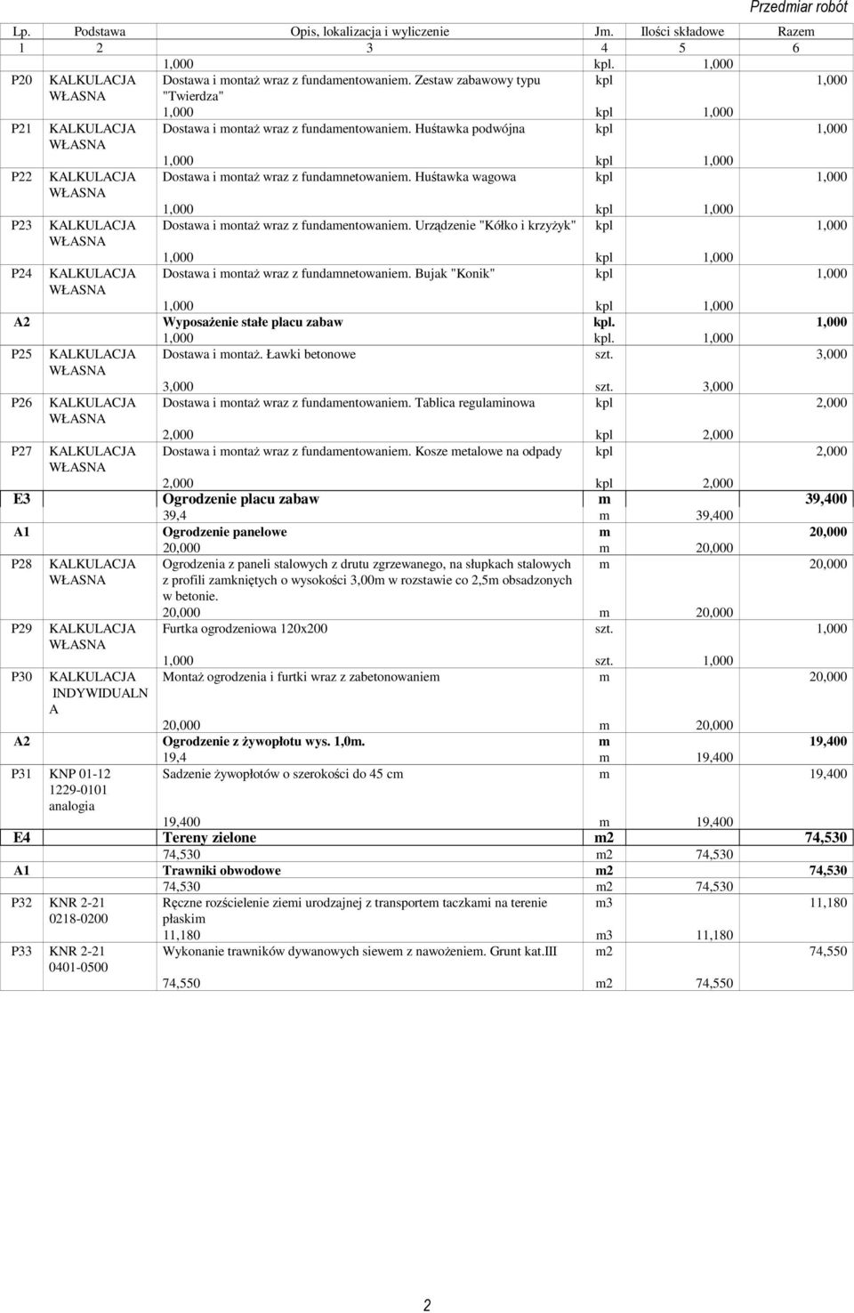 Huśtawka podwójna k p l 1,000 1,000 k p l 1,000 P2 2 KALKULAC JA Dostawa i montaŝ wraz z fundamnetowaniem.