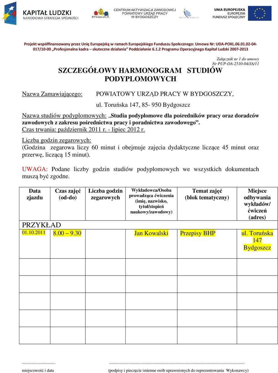 /10-00 Profesjonalna kadra skuteczne działania Poddziałanie 6.1.2 Programu Operacyjnego Kapitał Ludzki 2007-2013 Nazwa Zamawiającego: Załącznik nr 1 do umowy Nr PUP-OA-2510-04/JA/11 SZCZEGÓŁOWY