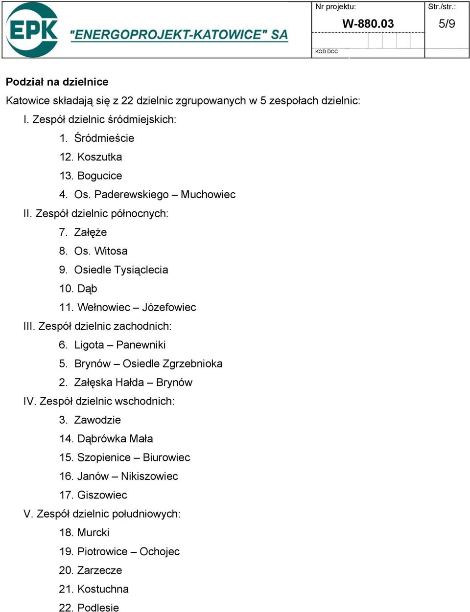 Wełnowiec Józefowiec III. Zespół dzielnic zachodnich: 6. Ligota Panewniki 5. Brynów Osiedle Zgrzebnioka 2. Załęska Hałda Brynów IV. Zespół dzielnic wschodnich: 3.