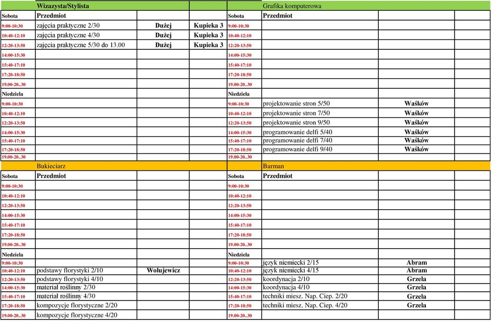 00 Dużej Kupieka 3 12:20-13:50 projektowanie stron 5/50 Waśków projektowanie stron 7/50 Waśków projektowanie stron 9/50 Waśków programowanie delfi 5/40 Waśków programowanie delfi 7/40 Waśków