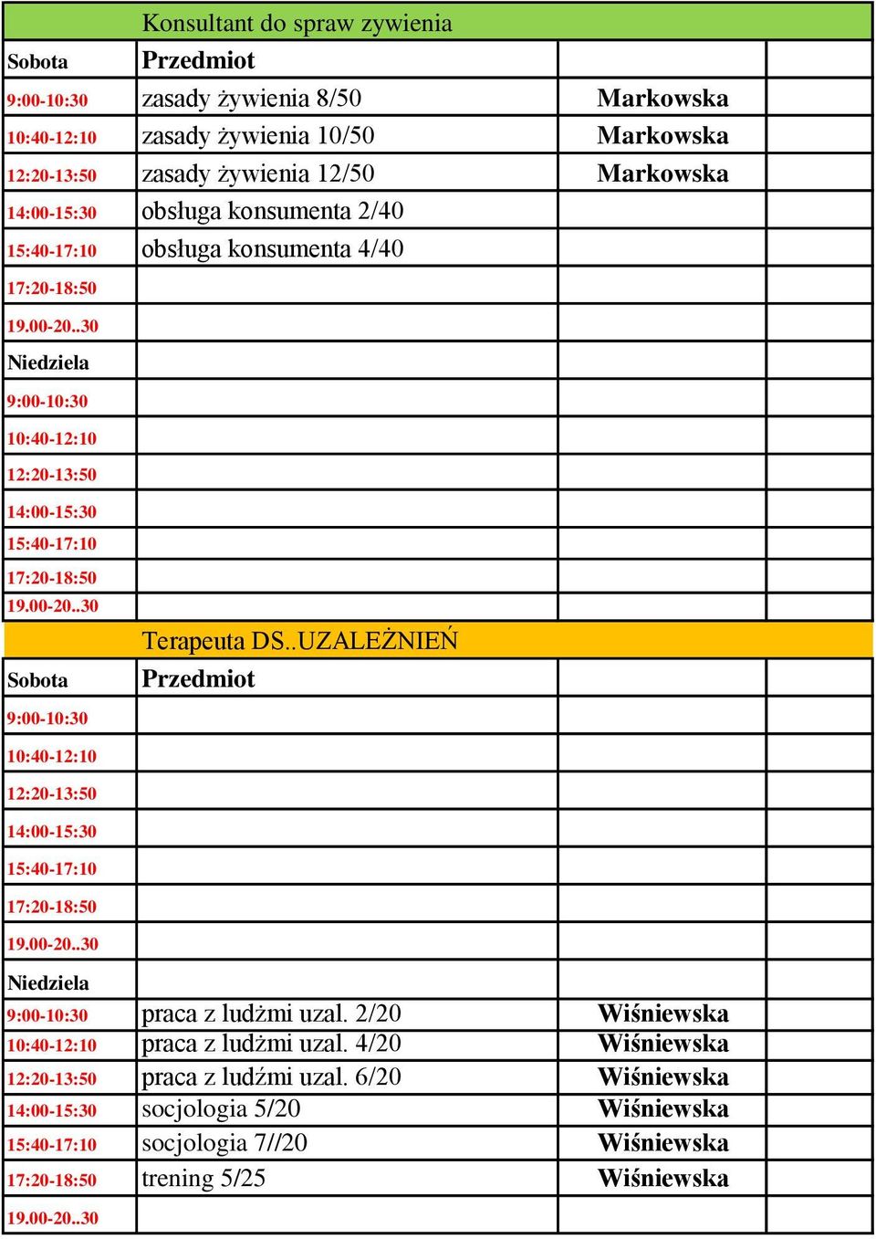 Terapeuta DS..UZALEŻNIEŃ Przedmiot 10:40-12:10 12:20-13:50 14:00-15:30 15:40-17:10 17:20-18:50 9:00-10:30 praca z ludżmi uzal. 2/20 Wiśniewska 10:40-12:10 praca z ludżmi uzal.