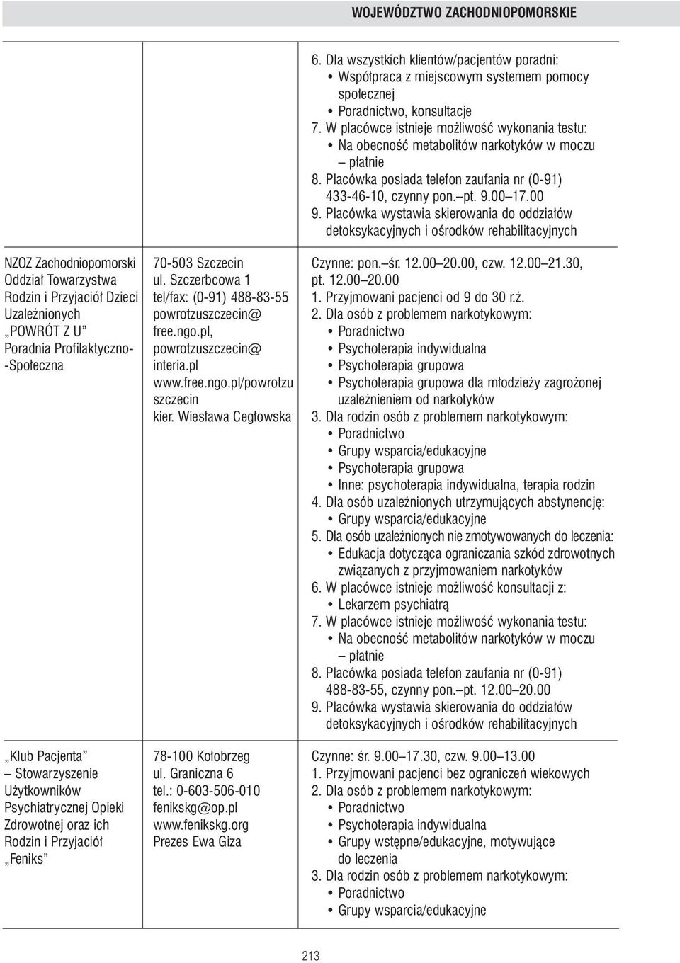 Przyjmowani pacjenci od 9 do 30 r.. Uzale nionych powrotzuszczecin@ 2. Dla osób z problemem narkotykowym: POWRÓT Z U free.ngo.