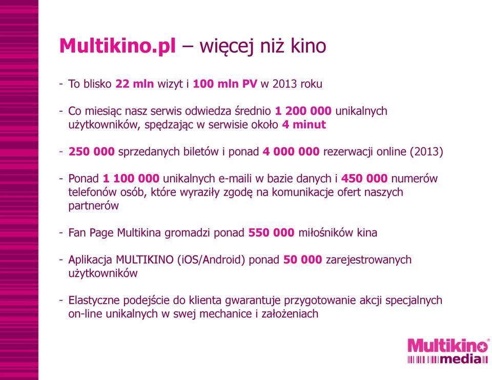 około 4 minut - 250 000 sprzedanych biletów i ponad 4 000 000 rezerwacji online (2013) - Ponad 1 100 000 unikalnych e-maili w bazie danych i 450 000 numerów telefonów