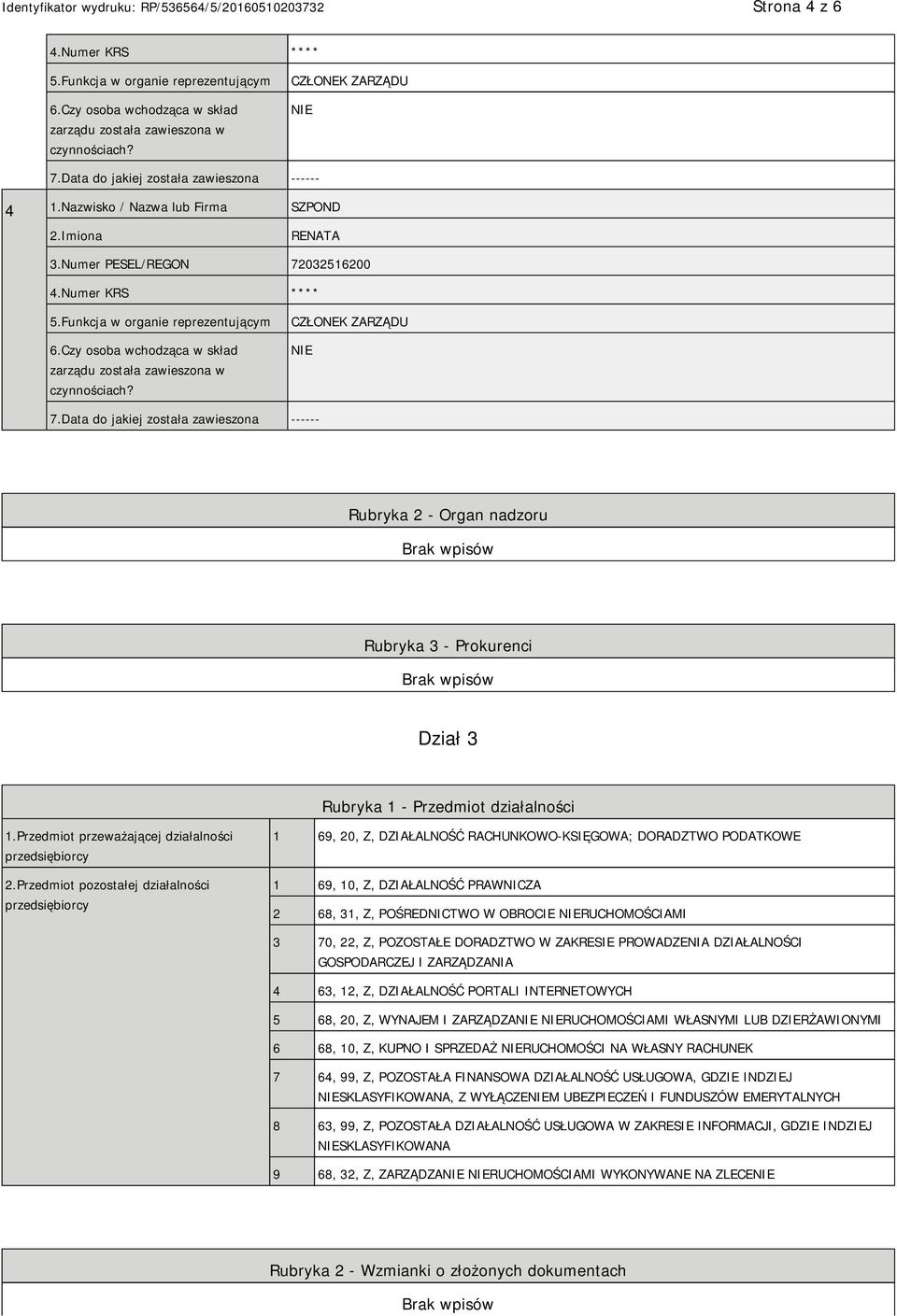 Przedmiot pozostałej działalności przedsiębiorcy 1 69, 20, Z, DZIAŁALNOŚĆ RACHUNKOWO-KSIĘGOWA; DORADZTWO PODATKOWE 1 69, 10, Z, DZIAŁALNOŚĆ PRAWNICZA 2 68, 31, Z, POŚREDNICTWO W OBROCIE RUCHOMOŚCIAMI