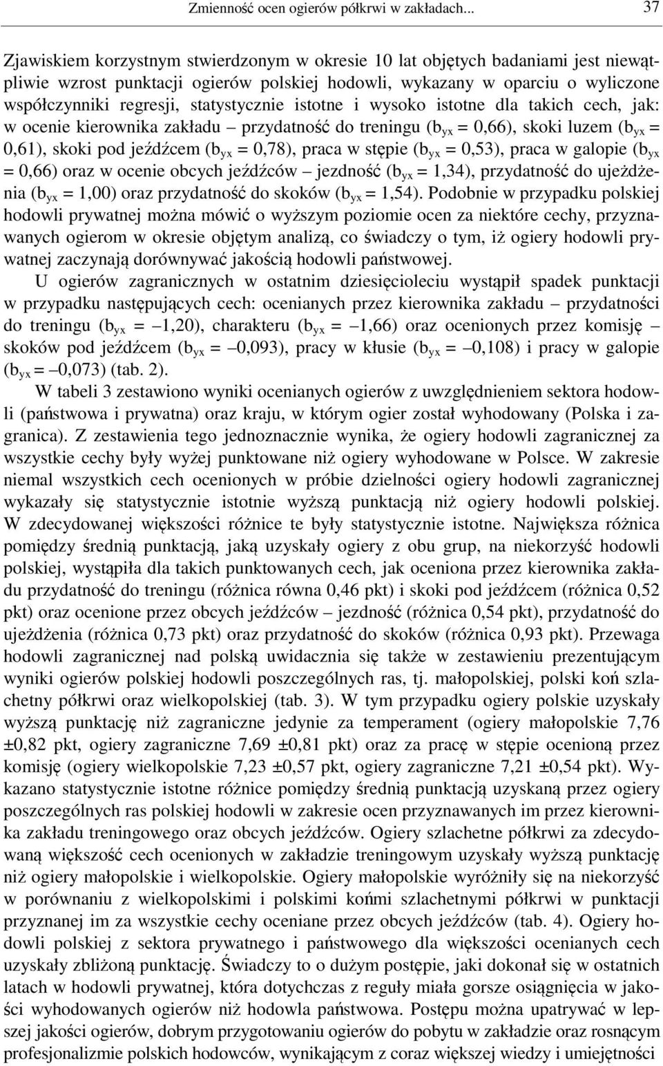statystycznie istotne i wysoko istotne dla takich cech, jak: w ocenie kierownika zakładu przydatność do treningu (b yx = 0,66), skoki luzem (b yx = 0,61), skoki pod jeźdźcem (b yx = 0,78), praca w