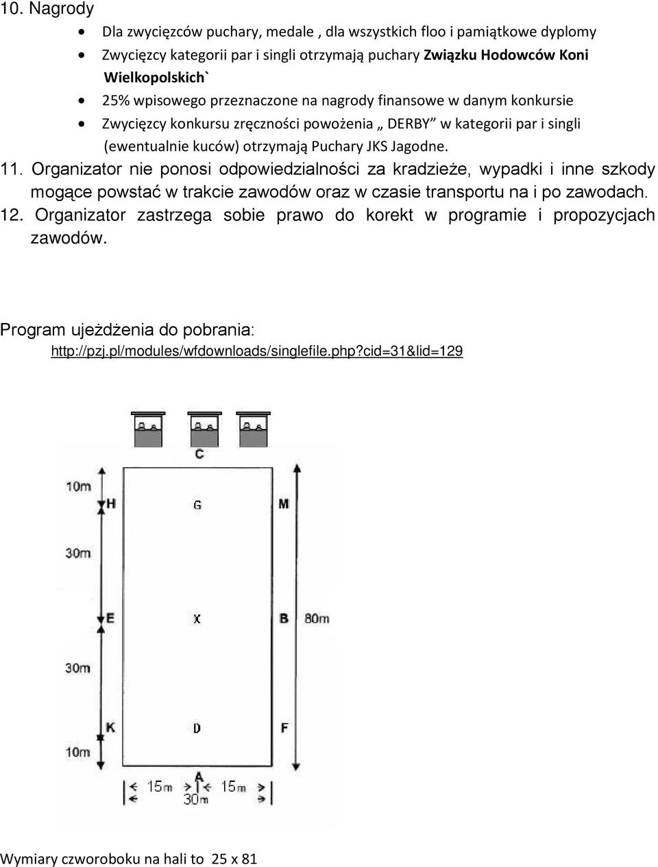 11. Organizator nie ponosi odpowiedzialności za kradzieże, wypadki i inne szkody mogące powstać w trakcie zawodów oraz w czasie transportu na i po zawodach. 12.