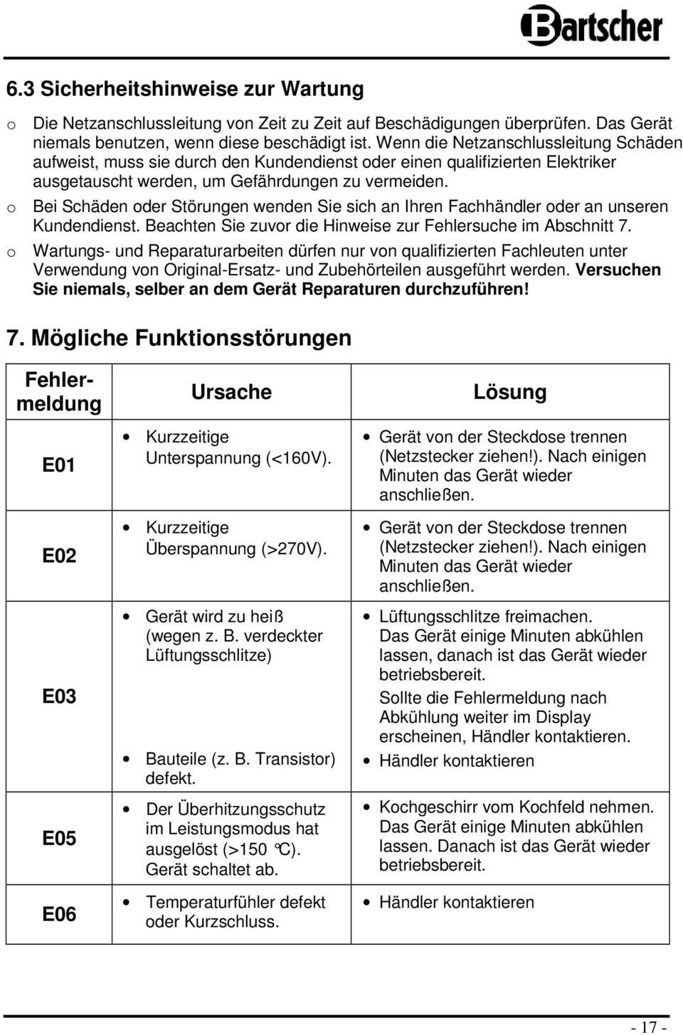 Bei Schäden der Störungen wenden Sie sich an Ihren Fachhändler der an unseren Kundendienst. Beachten Sie zuvr die Hinweise zur Fehlersuche im Abschnitt 7.