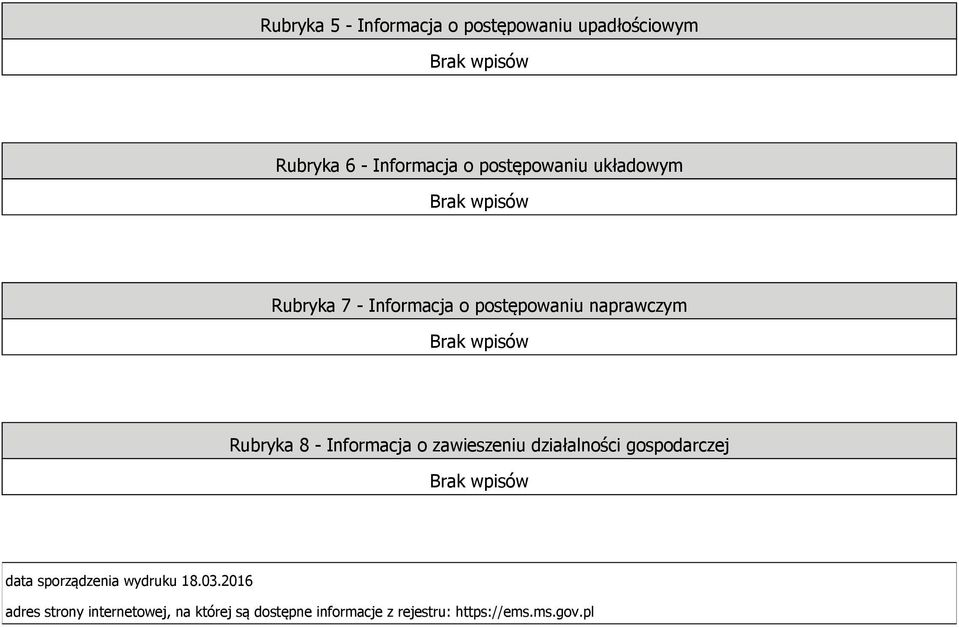 Informacja o zawieszeniu działalności gospodarczej data sporządzenia wydruku 18.03.