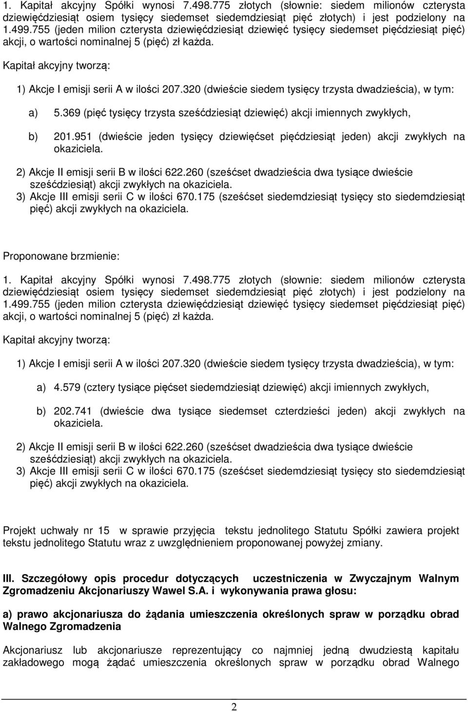 Kapitał akcyjny tworzą: 1) Akcje I emisji serii A w ilości 207.320 (dwieście siedem tysięcy trzysta dwadzieścia), w tym: a) 5.