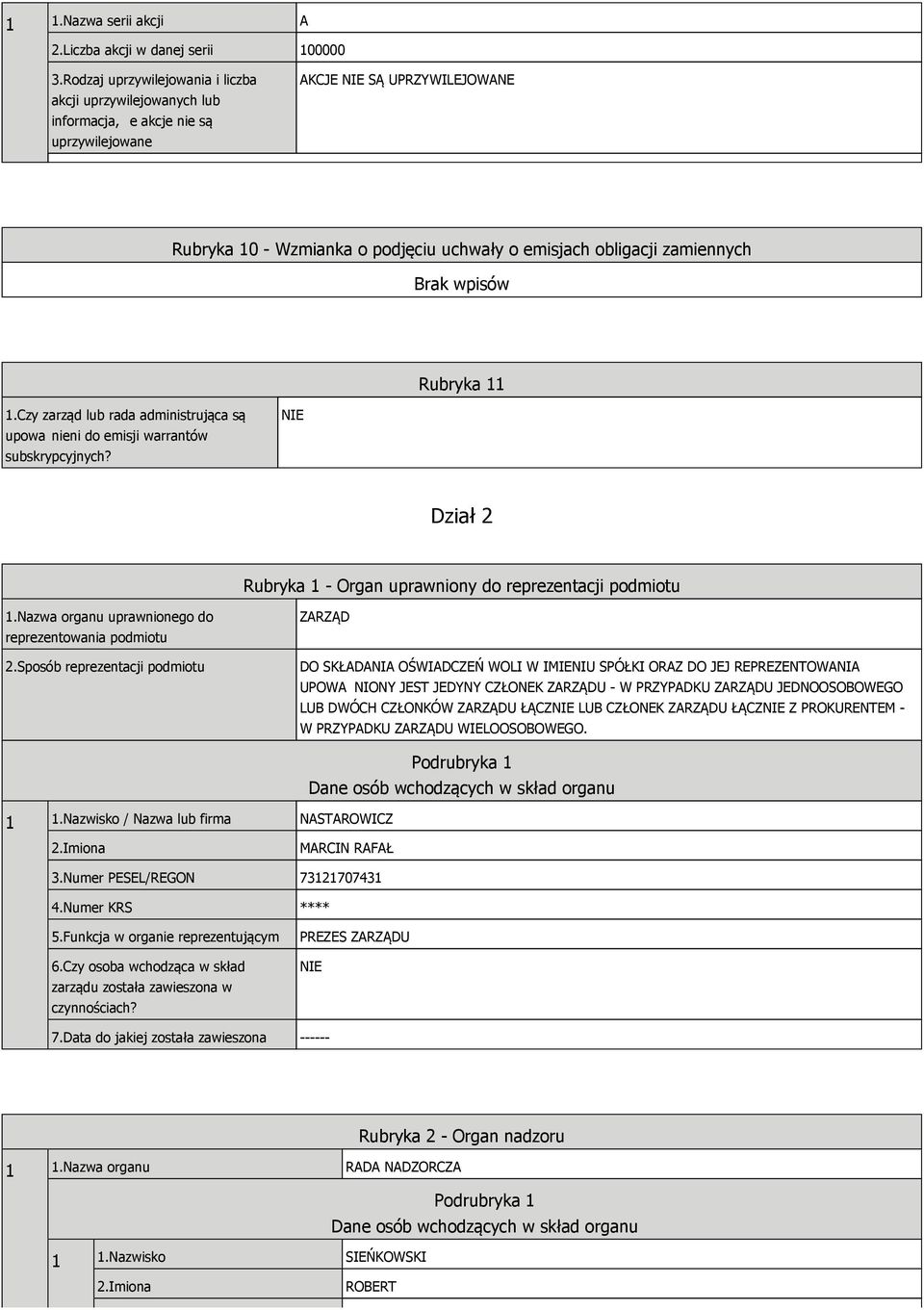 zamiennych Rubryka 11 1.Czy zarząd lub rada administrująca są upowa nieni do emisji warrantów subskrypcyjnych? Dział 2 Rubryka 1 - Organ uprawniony do reprezentacji podmiotu 1.