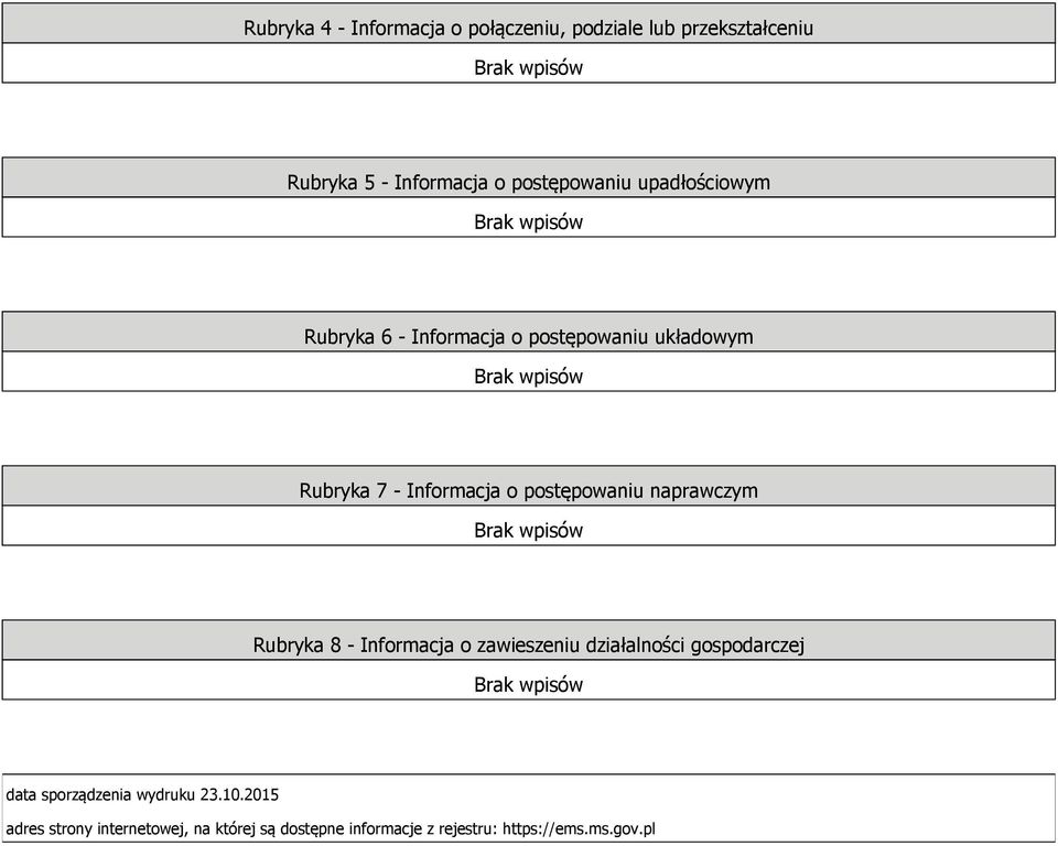 postępowaniu naprawczym Rubryka 8 - Informacja o zawieszeniu działalności gospodarczej data sporządzenia