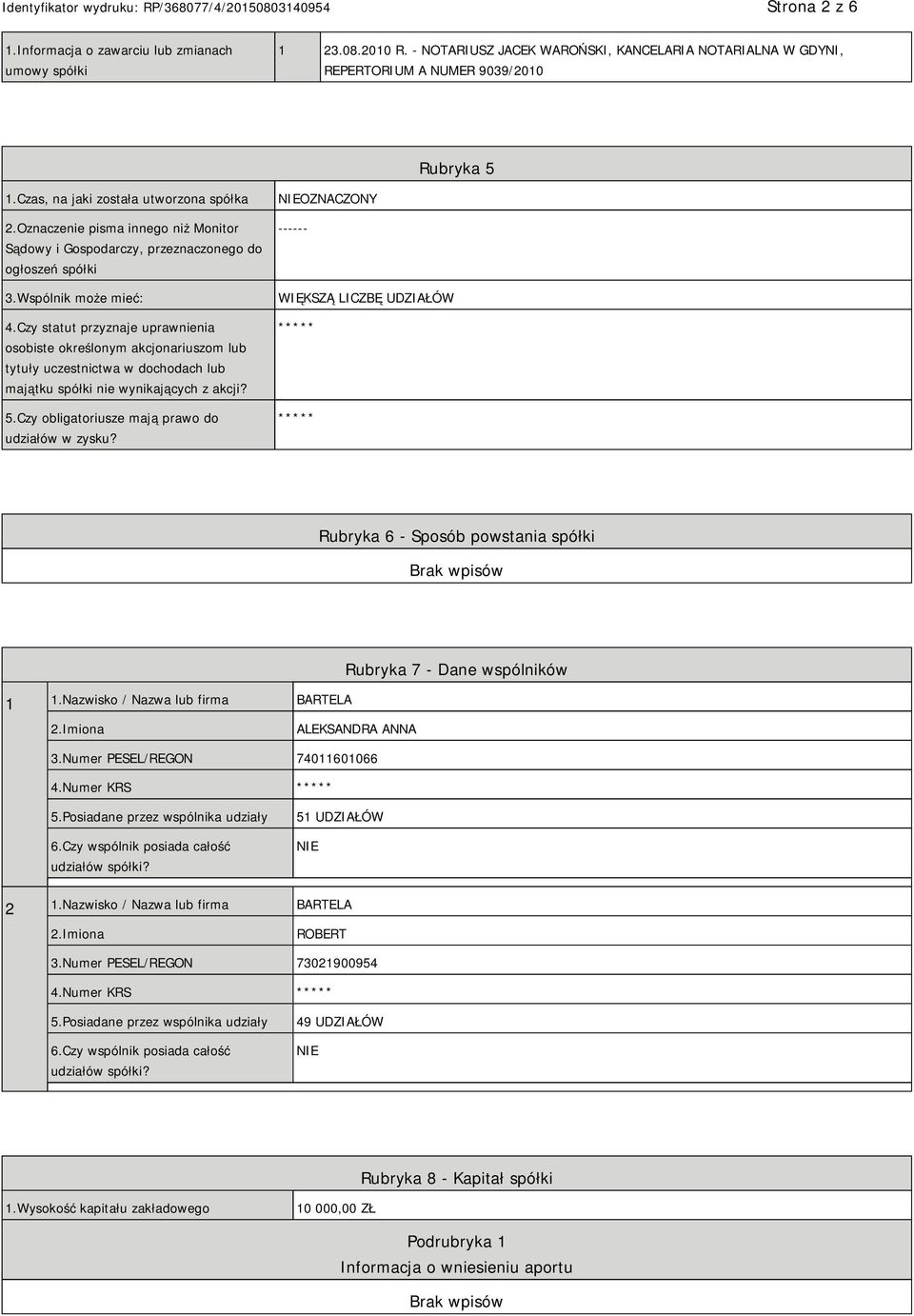 Czy statut przyznaje uprawnienia osobiste określonym akcjonariuszom lub tytuły uczestnictwa w dochodach lub majątku spółki nie wynikających z akcji? 5.