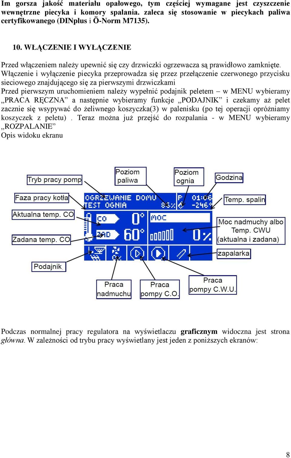 Włączenie i wyłączenie piecyka przeprowadza się przez przełączenie czerwonego przycisku sieciowego znajdującego się za pierwszymi drzwiczkami Przed pierwszym uruchomieniem należy wypełnić podajnik