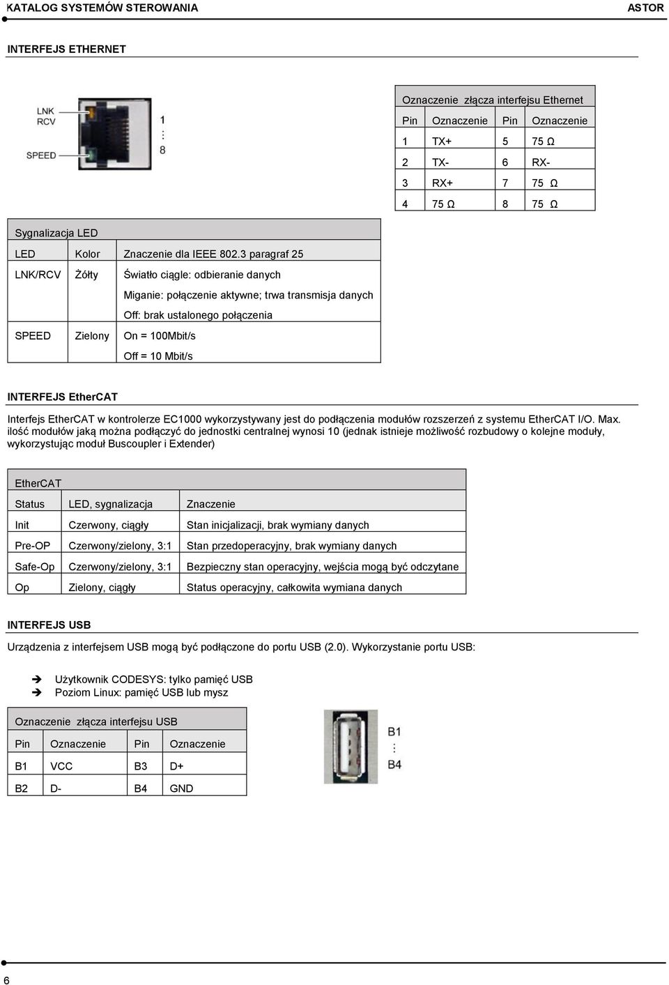 INTERFEJS EtherCAT Interfejs EtherCAT w kontrolerze EC1000 wykorzystywany jest do podłączenia modułów rozszerzeń z systemu EtherCAT I/O. Max.