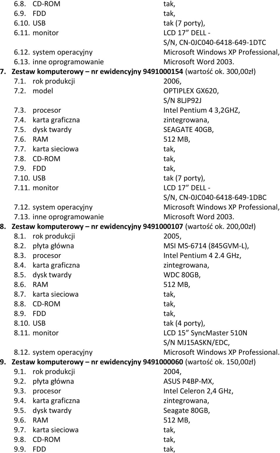 4. karta graficzna zintegrowana, 7.5. dysk twardy SEAGATE 40GB, 7.6. RAM 512 MB, 7.7. karta sieciowa tak, 7.8. CD-ROM tak, 7.9. FDD tak, 7.10. USB tak (7 porty), 7.11.