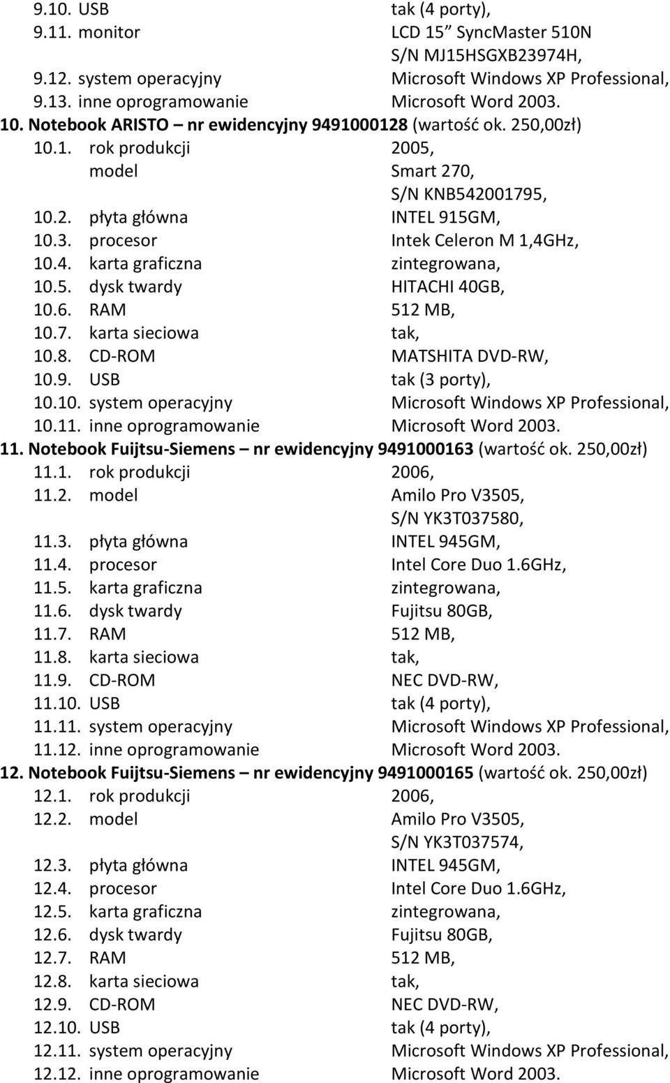 4. karta graficzna zintegrowana, 10.5. dysk twardy HITACHI 40GB, 10.6. RAM 512 MB, 10.7. karta sieciowa tak, 10.8. CD-ROM MATSHITA DVD-RW, 10.9. USB tak (3 porty), 10.10. system operacyjny Microsoft Windows XP Professional, 10.