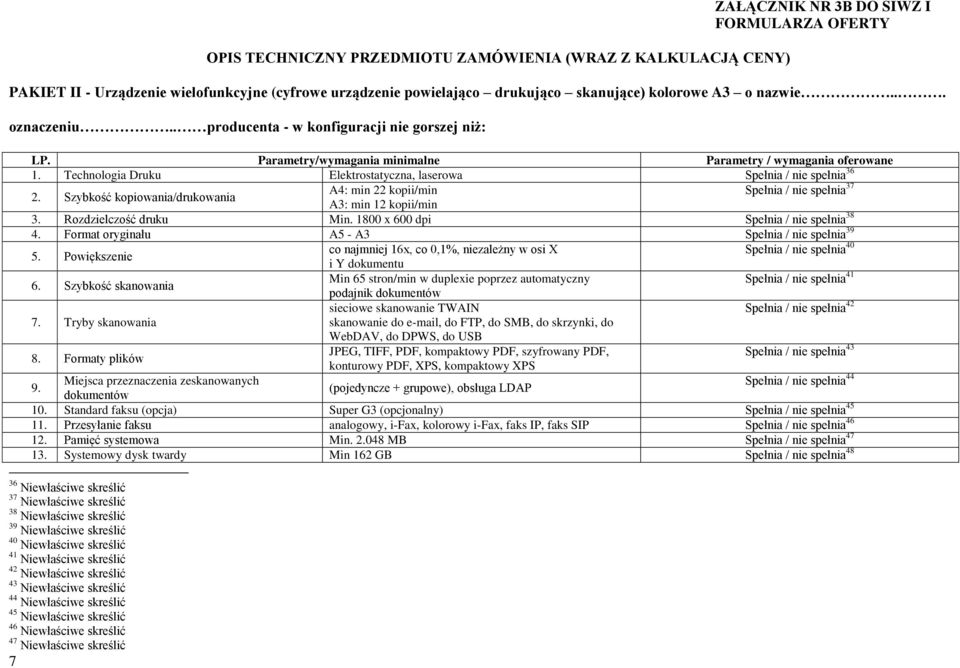 Technologia Druku Elektrostatyczna, laserowa Spełnia / nie spełnia 36 2. Szybkość kopiowania/drukowania A4: min 22 kopii/min A3: min 12 kopii/min Spełnia / nie spełnia 37 3. Rozdzielczość druku Min.