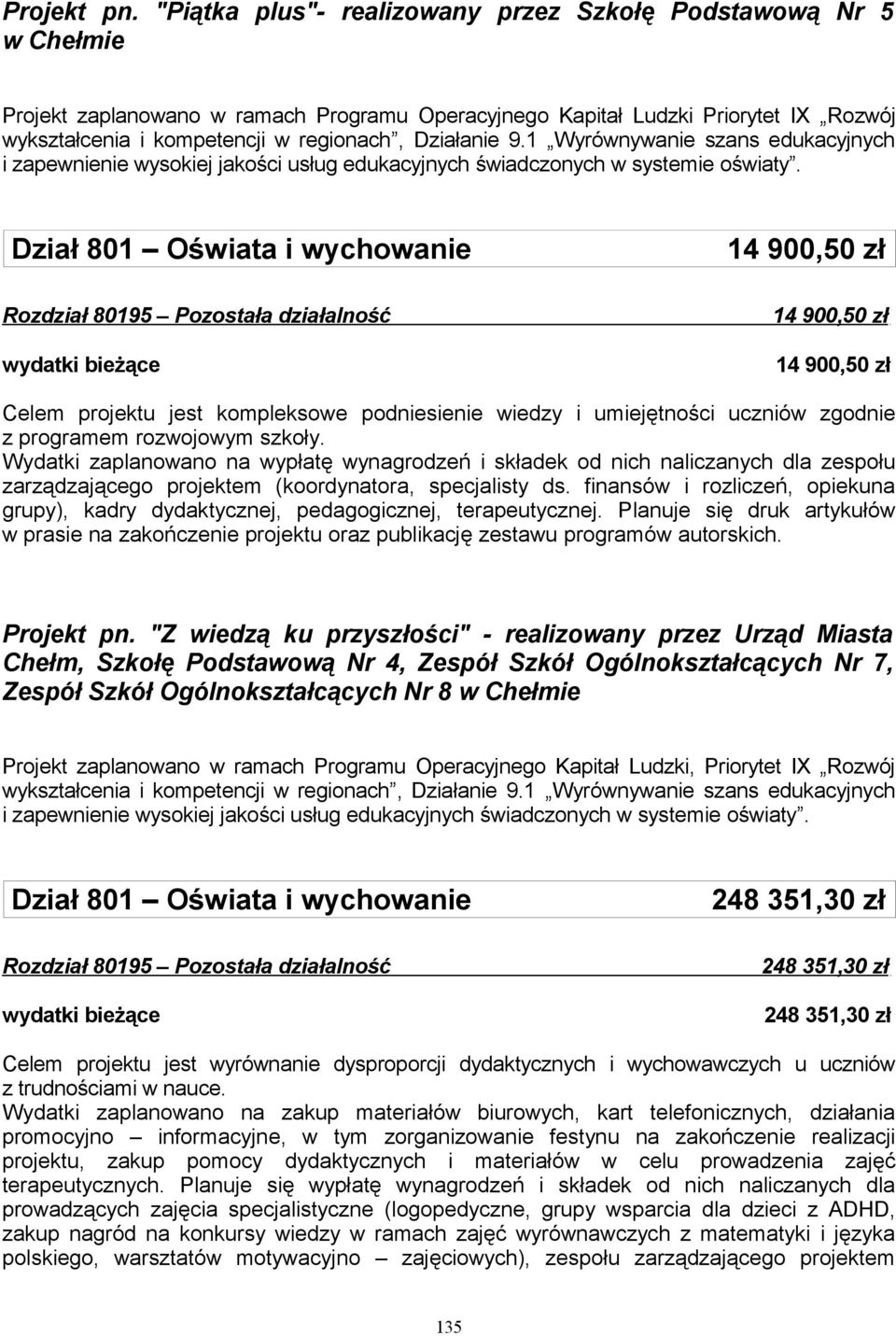 Działanie 9.1 Wyrównywanie szans edukacyjnych i zapewnienie wysokiej jakości usług edukacyjnych świadczonych w systemie oświaty.