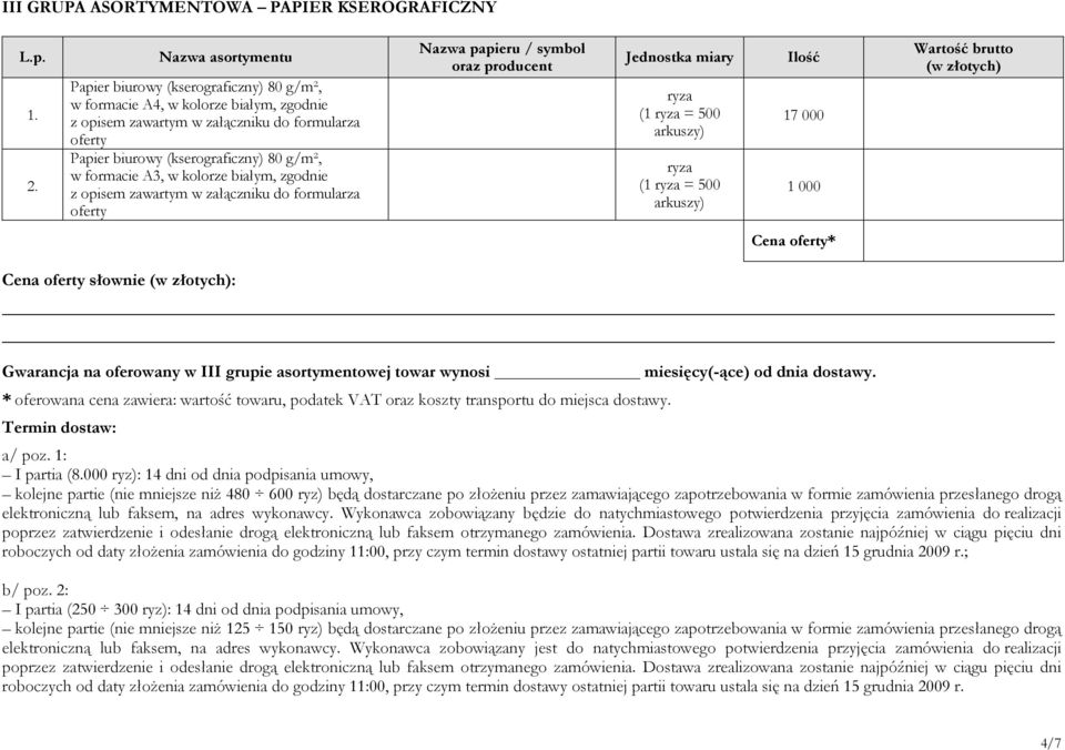 formacie A3, w kolorze białym, zgodnie z opisem zawartym w załączniku do formularza oferty Nazwa papieru / symbol oraz producent Jednostka miary ryza (1 ryza = 500 arkuszy) ryza (1 ryza = 500