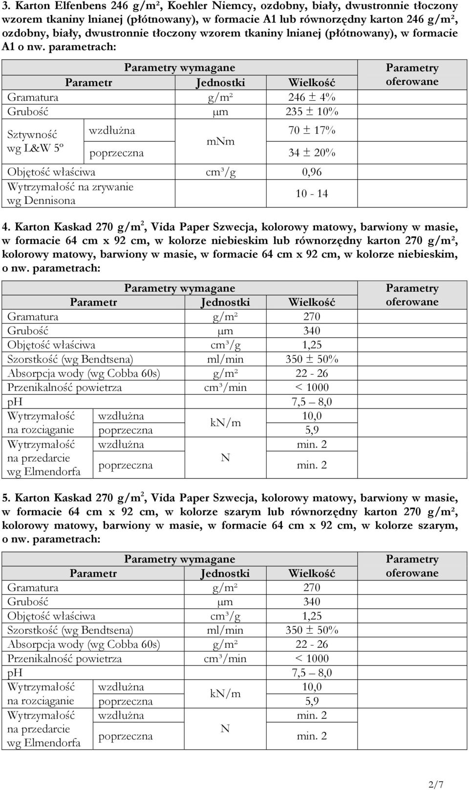 parametrach: wymagane Parametr Jednostki Wielkość Gramatura g/m² 246 ± 4% Grubość µm 235 ± 10% Sztywność wg L&W 5º wzdłuŝna 70 ± 17% mnm poprzeczna 34 ± 20% Objętość właściwa cm³/g 0,96 Wytrzymałość