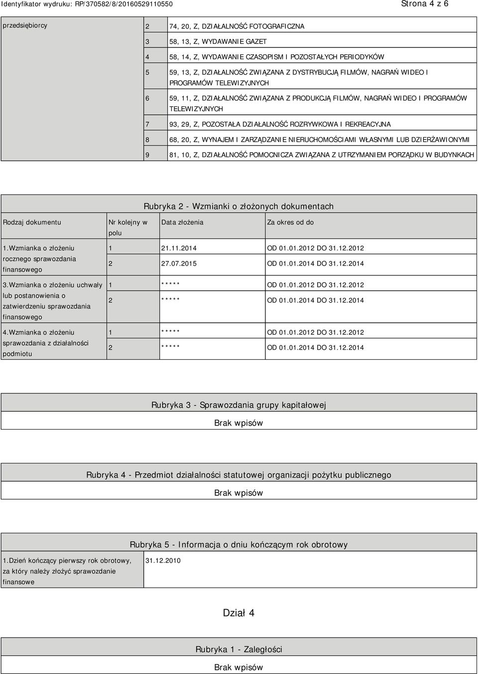 REKREACYJNA 8 68, 20, Z, WYNAJEM I ZARZĄDZANIE NIERUCHOMOŚCIAMI WŁASNYMI LUB DZIERŻAWIONYMI 9 81, 10, Z, DZIAŁALNOŚĆ POMOCNICZA ZWIĄZANA Z UTRZYMANIEM PORZĄDKU W BUDYNKACH Rubryka 2 - Wzmianki o