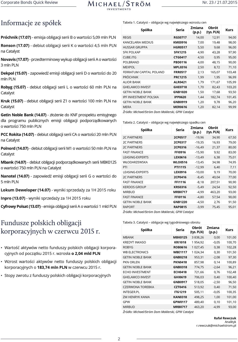 07) - debiut obligacji serii L o wartości 60 mln PLN na Catalyst Kruk (15.07) - debiut obligacji serii Z1 o wartości 100 mln PLN na Catalyst Getin Noble Bank (14.