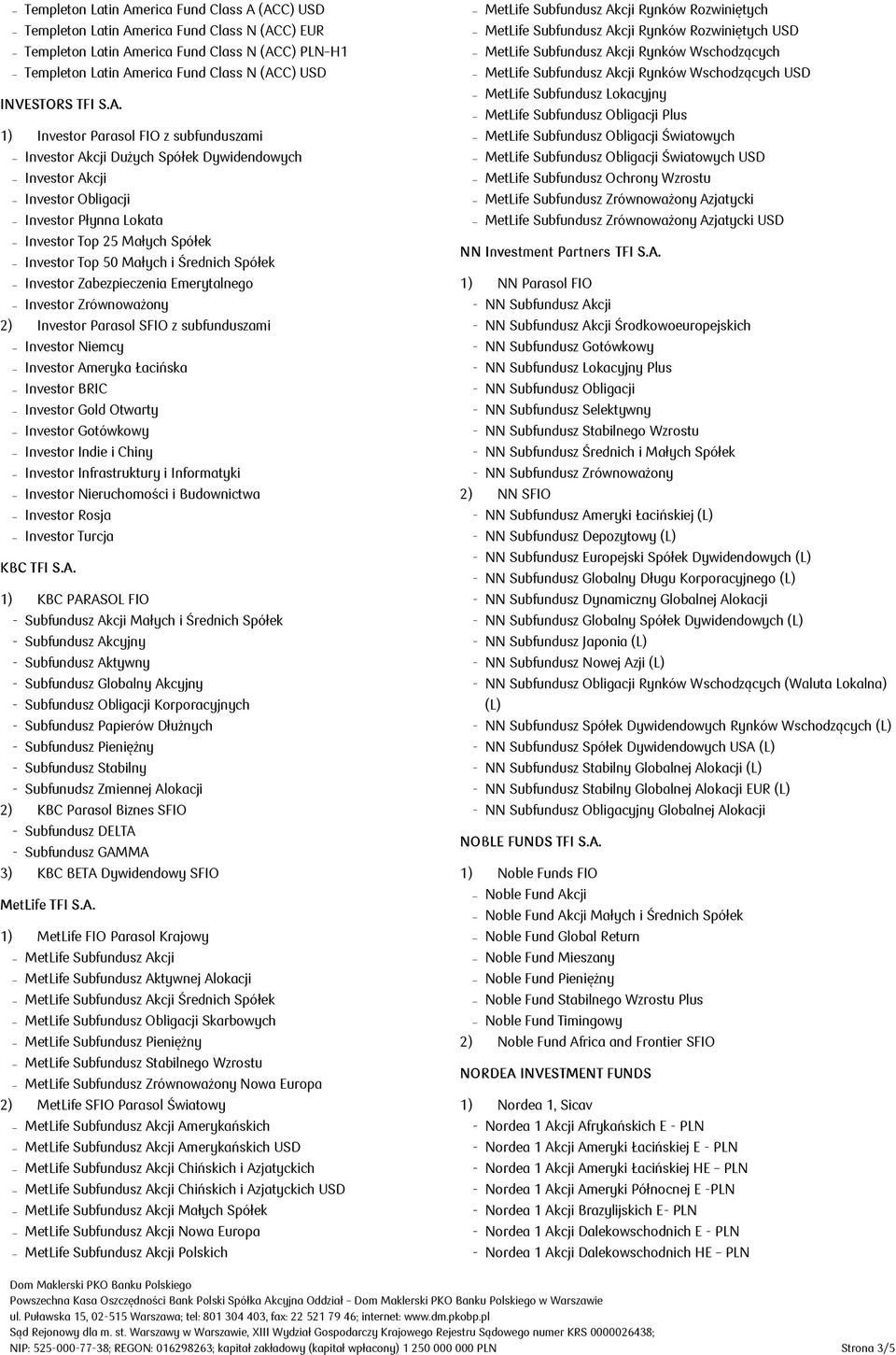 1) Investor Parasol FIO z subfunduszami Investor Akcji Dużych Spółek Dywidendowych Investor Akcji Investor Obligacji Investor Płynna Lokata Investor Top 25 Małych Spółek Investor Top 50 Małych i