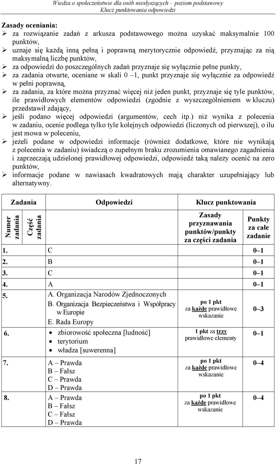 zadania, za które można przyznać więcej niż jeden punkt, przyznaje się tyle punktów, ile prawidłowych elementów odpowiedzi (zgodnie z wyszczególnieniem w kluczu) przedstawił zdający, jeśli podano