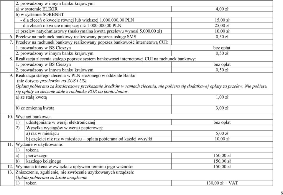 Przelew na rachunek bankowy realizowany poprzez usługę SMS 0,50 zł 7. Przelew na rachunek bankowy realizowany poprzez bankowość internetową CUI: 1. prowadzony w BS Cieszyn bez opłat 2.