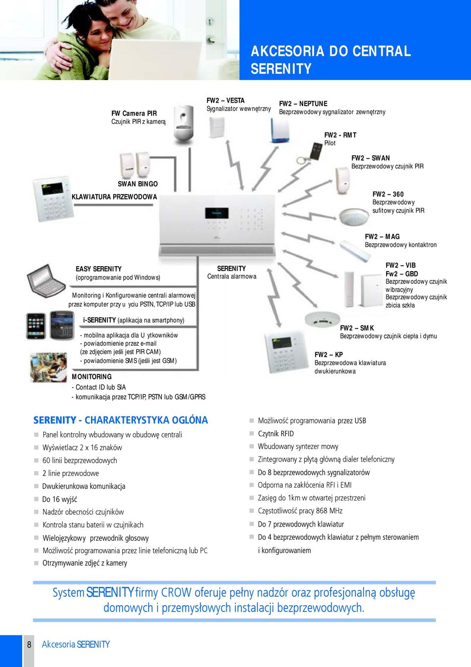 alarmowej przez komputer przy użyciu PSTN, TCP/IP lub USB SERENITY Centrala alarmowa FW2 VIB Fw2 GBD Bezprzewodowy czujnik wibracyjny Bezprzewodowy czujnik zbicia szkła i-serenity (aplikacja na