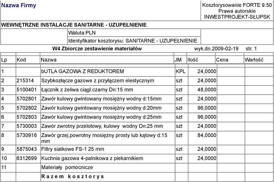 czarny Dn:15 mm szt 48,0000 4 5702801 Zawór kulowy gwintowany mosiężny wodny d:15mm 0 5 5702802 Zawór kulowy gwintowany mosiężny wodny d:20mm 0 6 5702803 Zawór kulowy