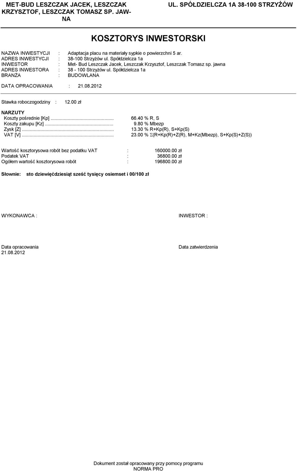 Spółdzielcza a INWESTOR : Met- Bud Leszczak Jacek, Leszczak Krzysztof, Leszczak Tomasz sp. jawna ADRES INWESTORA : 38-00 Strzyżów ul. Spółdzielcza a BRANŻA : BUDOWLANA DATA OPRACOWANIA : 2.08.