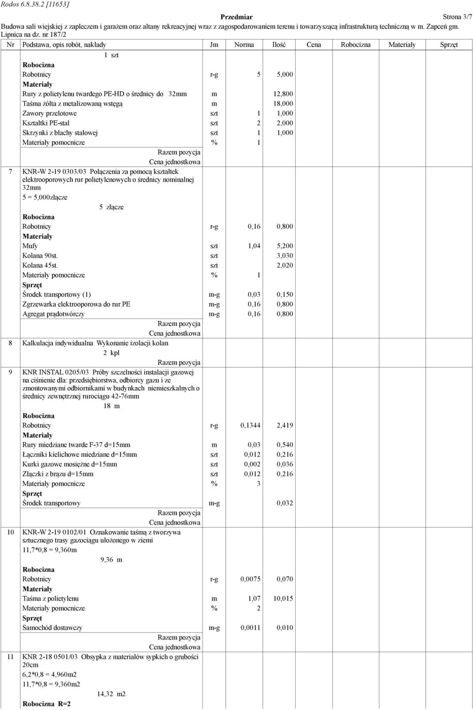 polietylenowych o średnicy nominalnej 32mm 5 = 5,000złącze 5 złącze Robotnicy r-g 0,16 0,800 Mufy szt 1,04 5,200 Kolana 90st. szt 3,030 Kolana 45st.