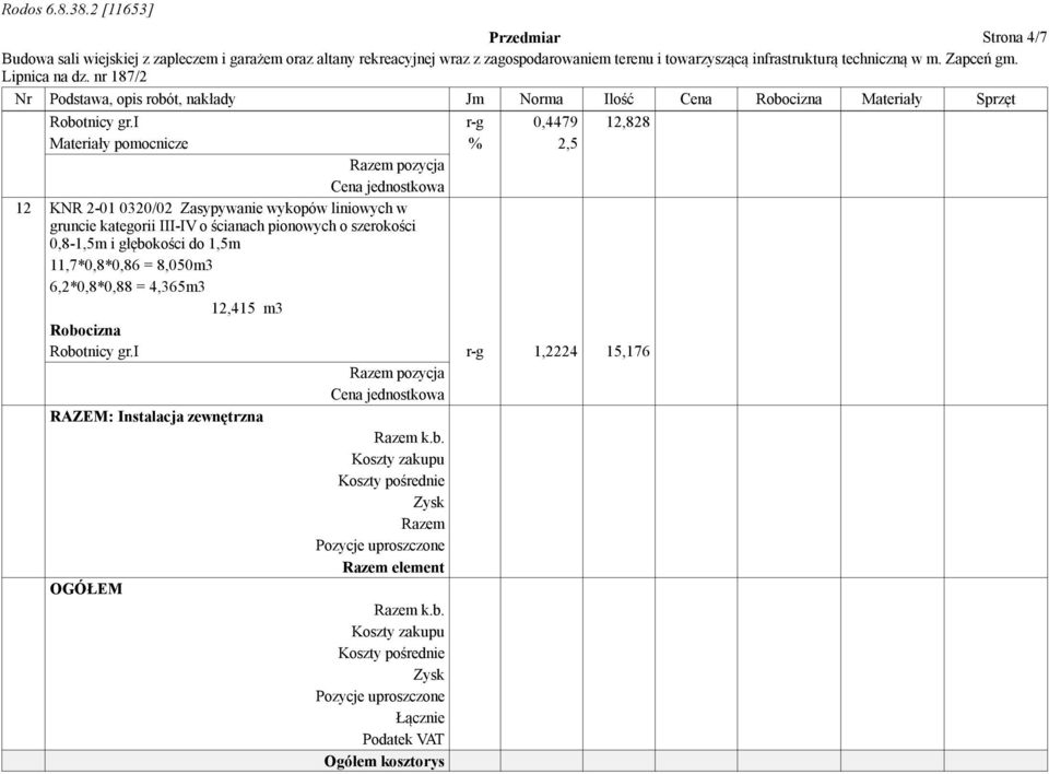 szerokości 0,8-1,5m i głębokości do 1,5m 11,7*0,8*0,86 = 8,050m3 6,2*0,8*0,88 = 4,365m3 12,415 m3 Robotnicy gr.