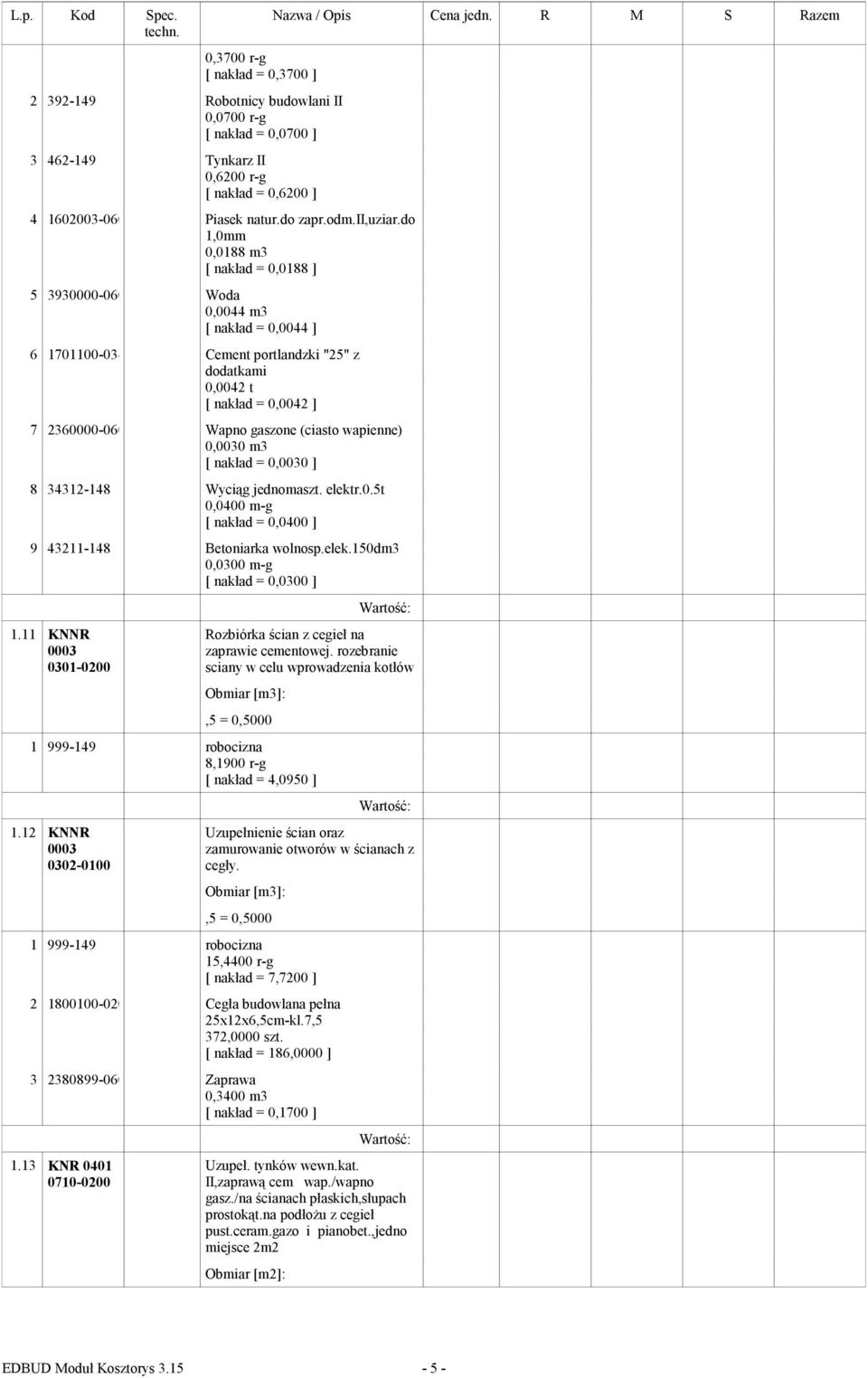 (ciasto wapienne) 0,0030 m3 [ nakład = 0,0030 ] 8 34312-148 Wyciąg jednomaszt. elektr.0.5t 0,0400 m-g [ nakład = 0,0400 ] 9 43211-148 Betoniarka wolnosp.elek.150dm3 0,0300 m-g [ nakład = 0,0300 ] 1.
