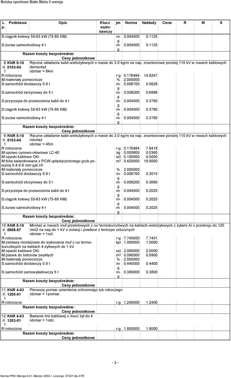 6888 S:przyczepa do przewoŝenia kabli do t m- 0.00500 0.780 S:ciąnik kołowy 55-6 kw (75-85 KM) m- 0.00500 0.780 S:Ŝuraw samochodowy t m- 0.00500 0.780 9 KNR 5-0 00-0 Ręczne układanie kabli wieloŝyłowych o masie do.